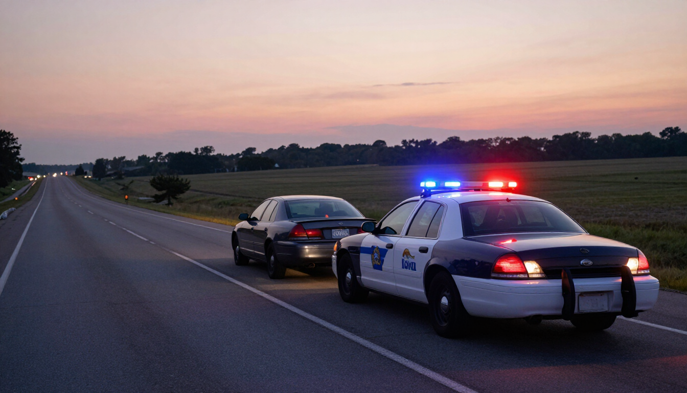 Police car with flashing lights pulling over a sedan on a rural road at dusk