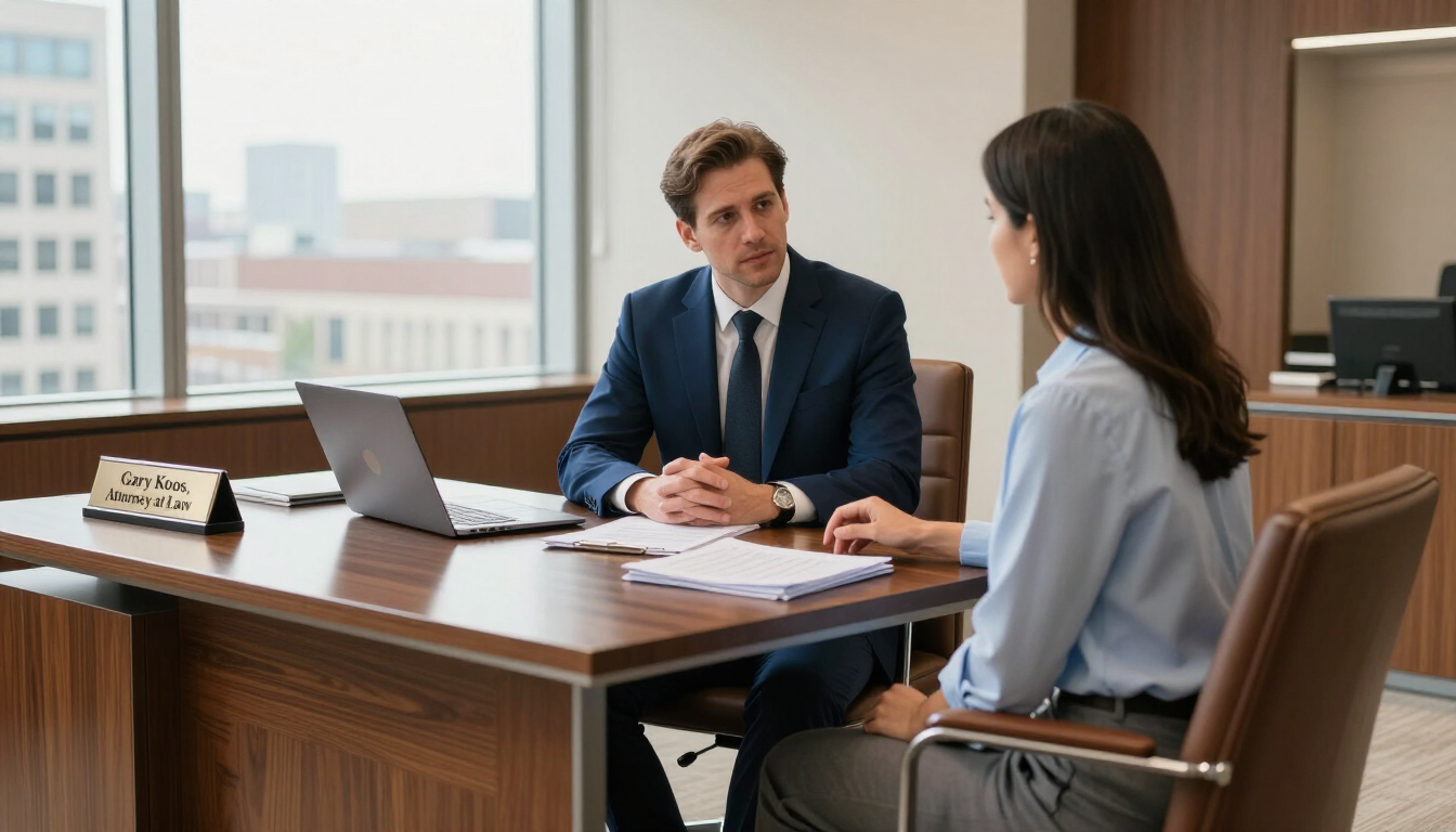 Two people meeting in an office, seated across a desk with a laptop and papers.