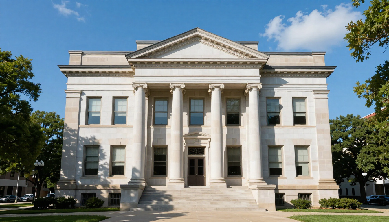 White neoclassical building with columns and steps, seen front-on against a blue sky.