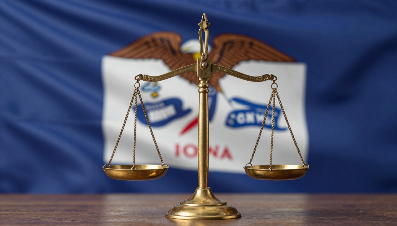 Golden scales of justice in front of an Iowa state flag backdrop