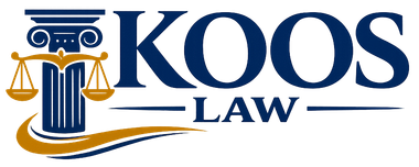 KOOS Law logo with blue text, gold scales, and a stylized courthouse column icon