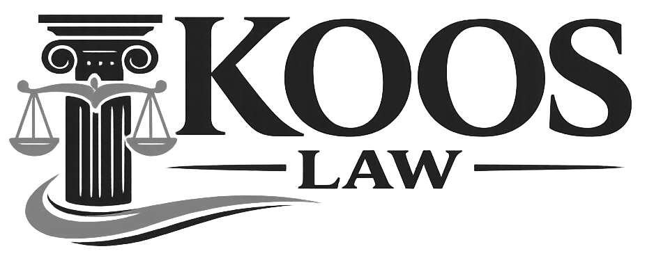 KOOS Law logo with scales of justice and column in black and gray
