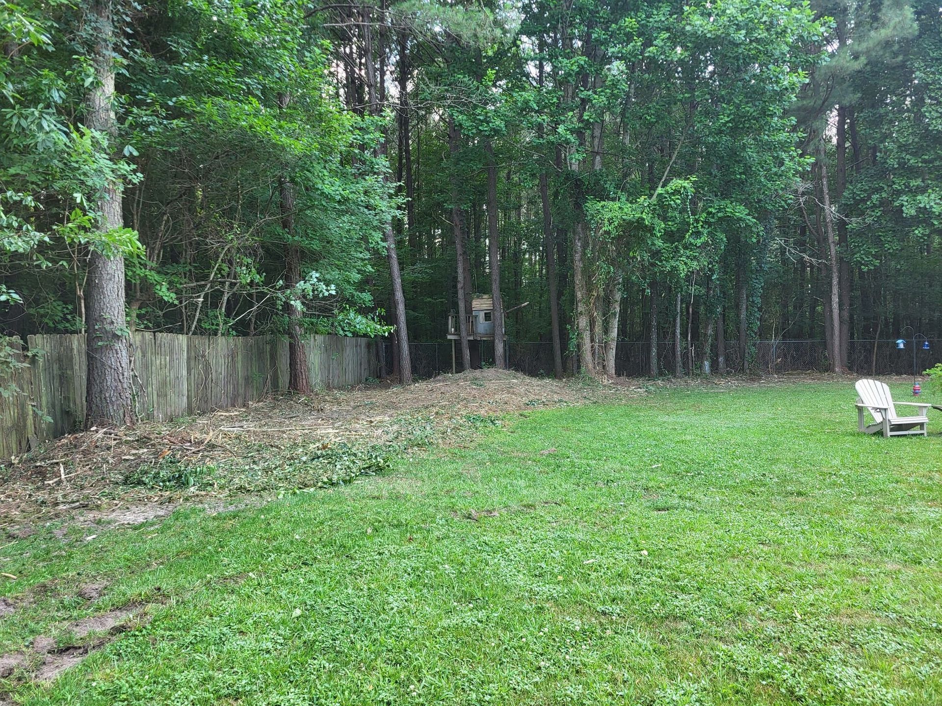 A grassy backyard with trees and a wooden fence; a white chair sits to the right.