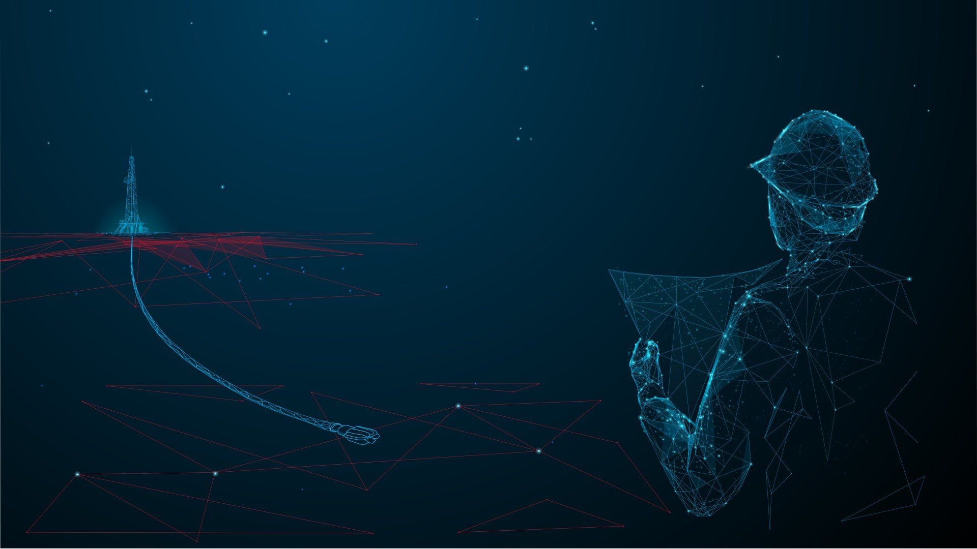 A digital wireframe silhouette of a person wearing a hard hat holds a blueprint, facing a distant, glowing tower.