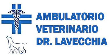 Logo for Ambulatorio Veterinario Dr. Lavecchia. Blue cross and caduceus, dog silhouette.