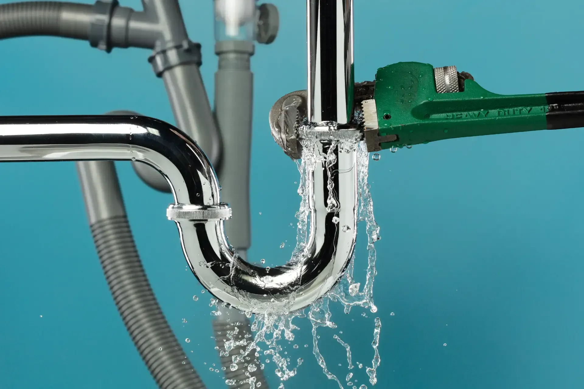 A plumber is fixing a sink pipe with a wrench.