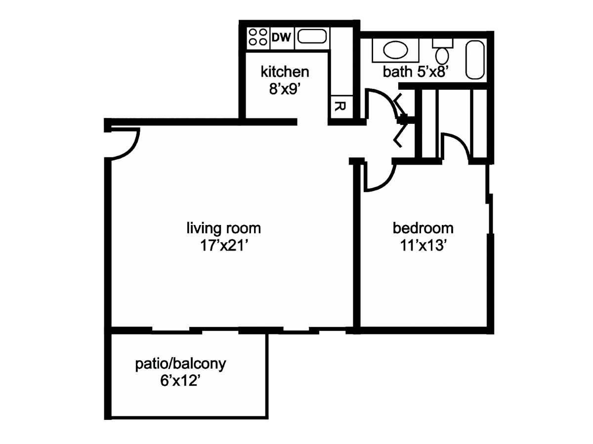 Floor plan of a one-bedroom apartment with a living room, kitchen, bathroom, bedroom, and patio/balcony.