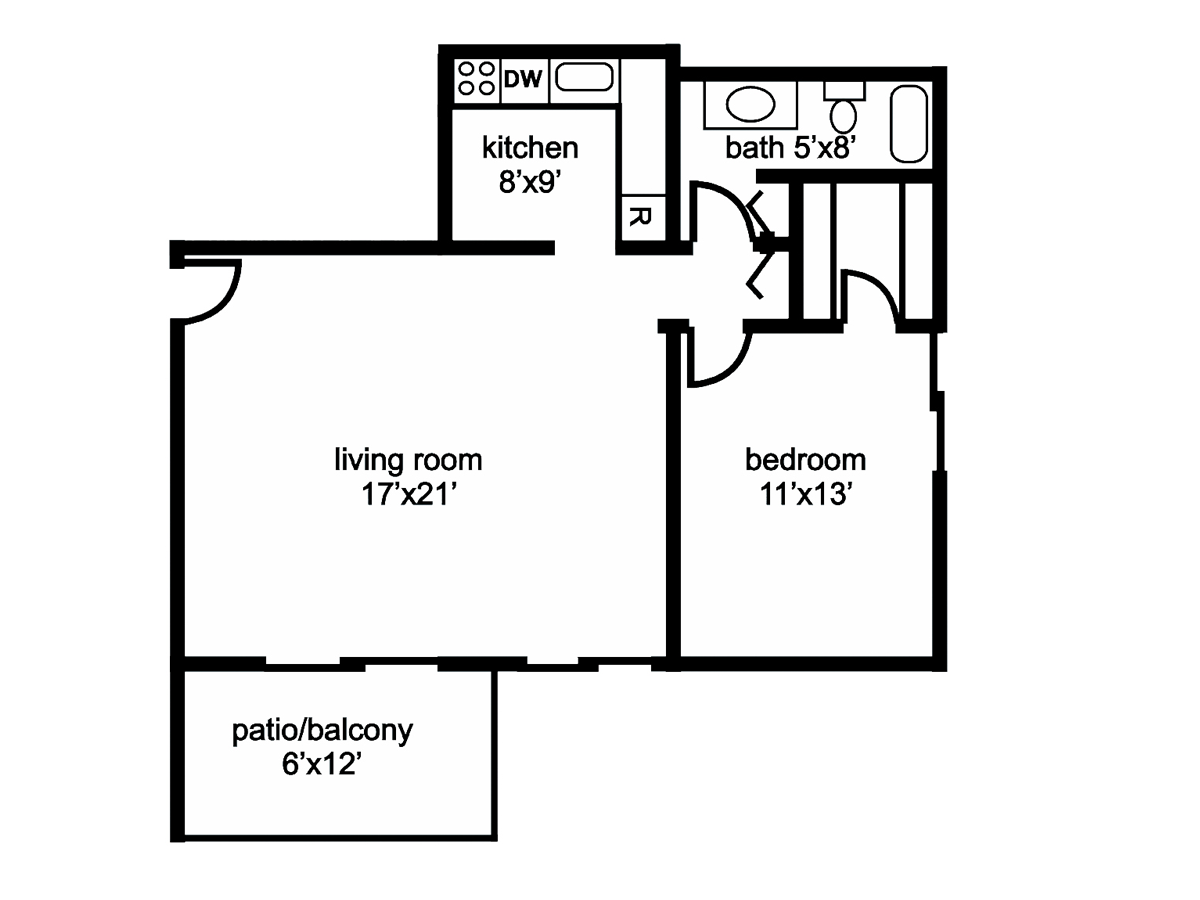 Floor plan of a one-bedroom apartment with a living room, kitchen, bathroom, bedroom, and patio/balcony.