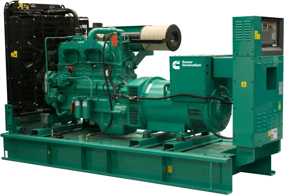 Green diesel generator, industrial setting. Cummins Power Generation logo, control panel, and air filter visible.
