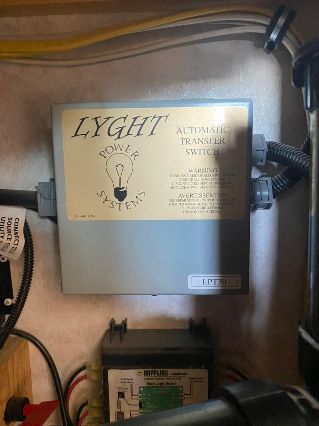 Gray automatic transfer switch box labeled 