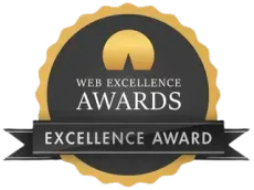 A black and gold web excellence award emblem