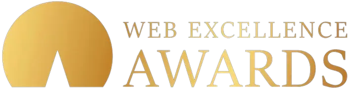 A logo for web excellence awards with a gold circle in the middle