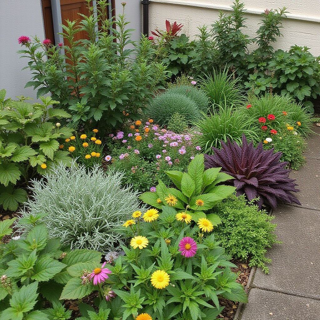 Colorido jardín con diversas flores y follaje, bordeado por un camino de piedra.