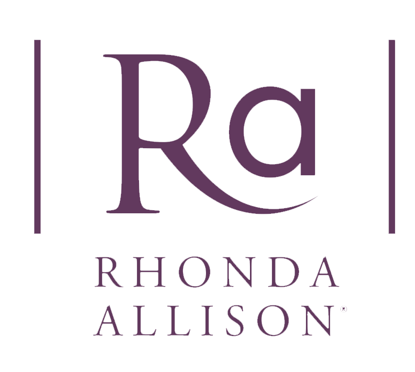A purple logo for rhonda allison is on a white background.