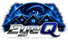 Blue EyeQ Roofing and Construction logo with houses and an eye graphic