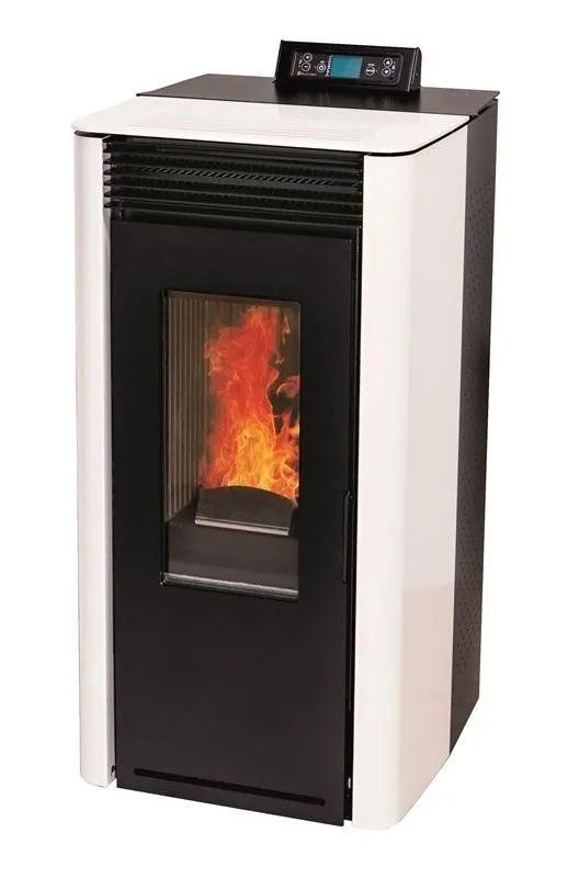 stufa a pellet bianca con struttura squadrata