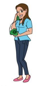 A cartoon of a woman talking on a green telephone.