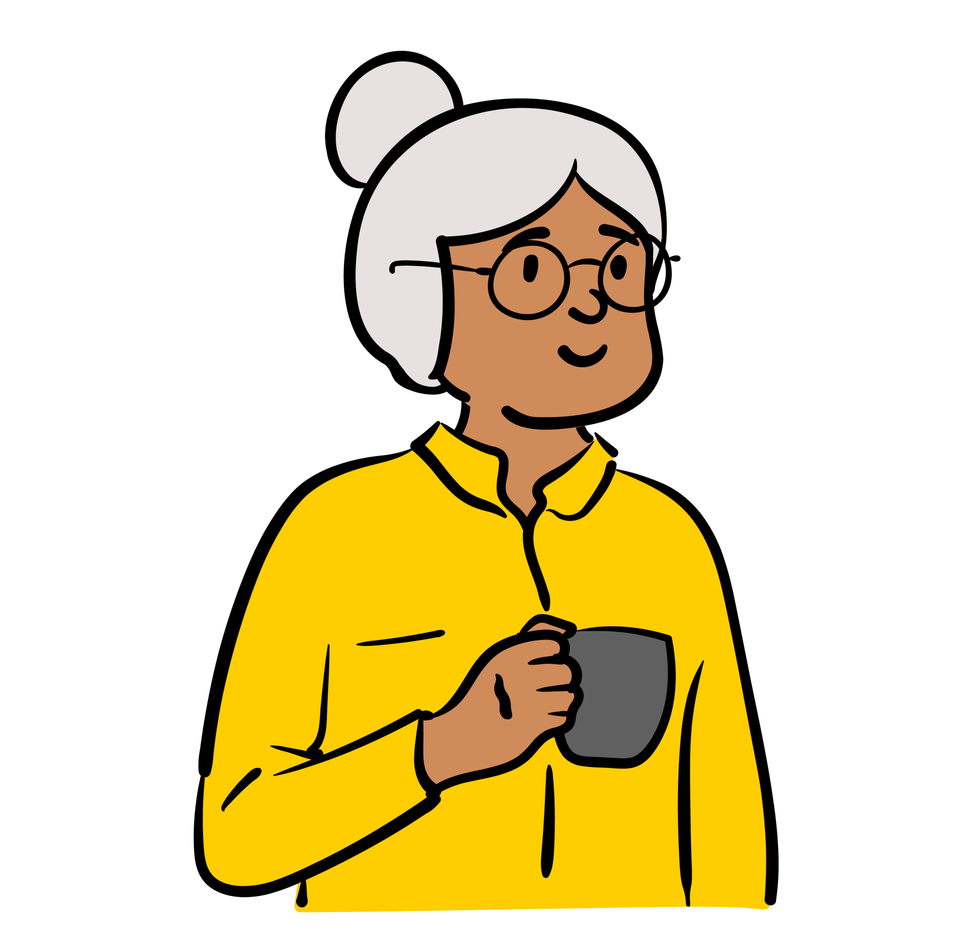 An elderly woman wearing glasses and a yellow shirt is holding a cup of coffee.