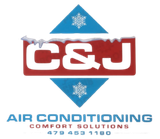 Logo for C & J Air Conditioning. Red rectangle with 