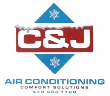 Logo for C & J Air Conditioning. Red rectangle with 