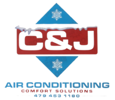 Logo for C & J Air Conditioning. Red rectangle with 