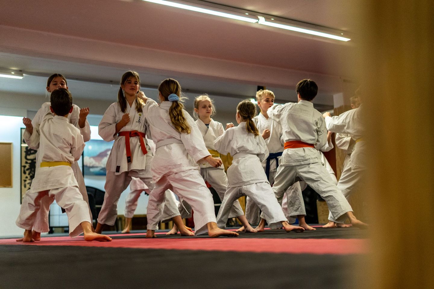 Karateka Kinder üben Schlagtechnik