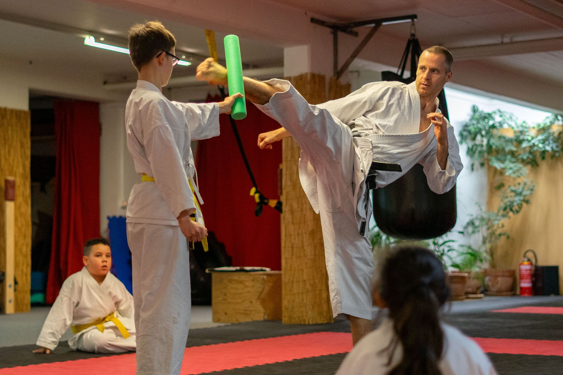 Karatelehrer demonstriert Roundhousekick.