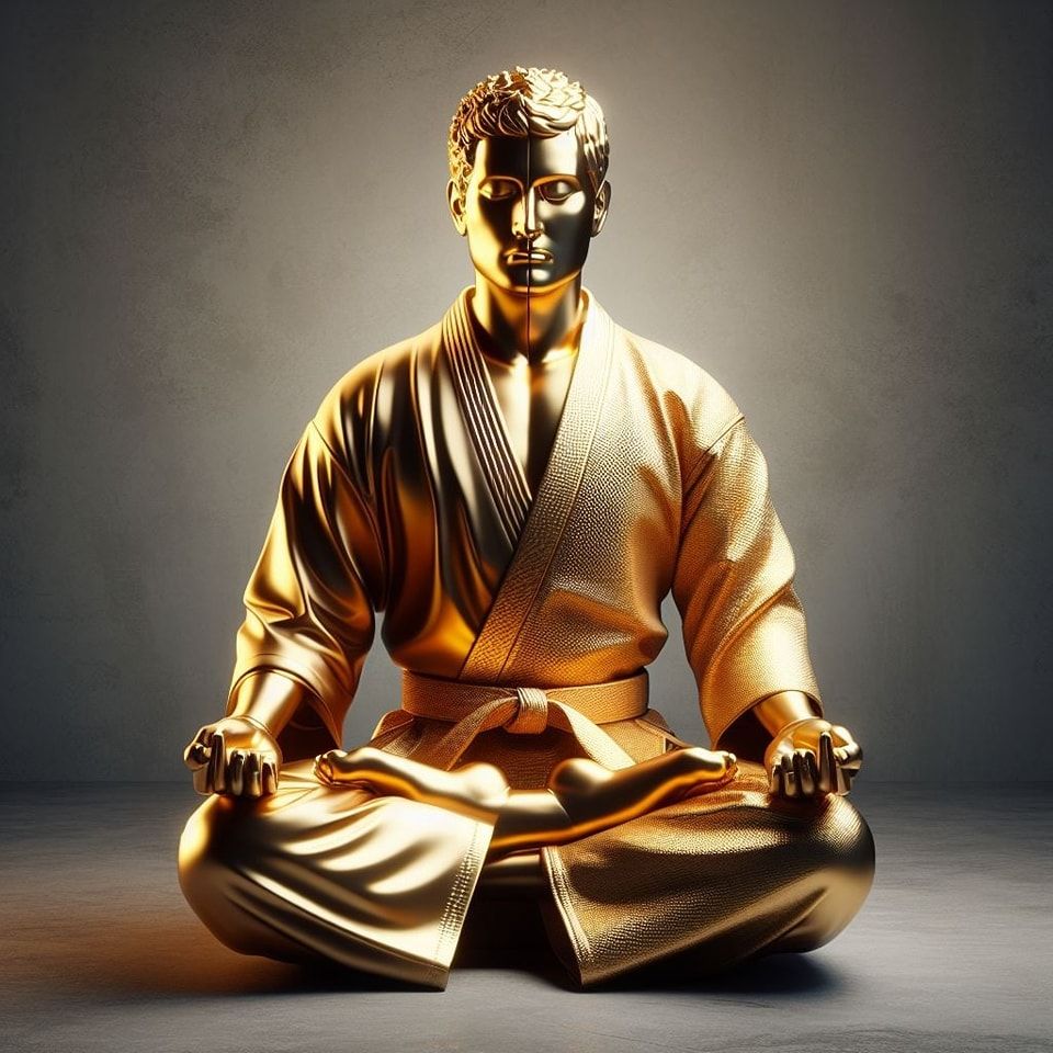 Eine goldene Statue eines in Seiza meditierenden Karateka oder Kampfsportlers.