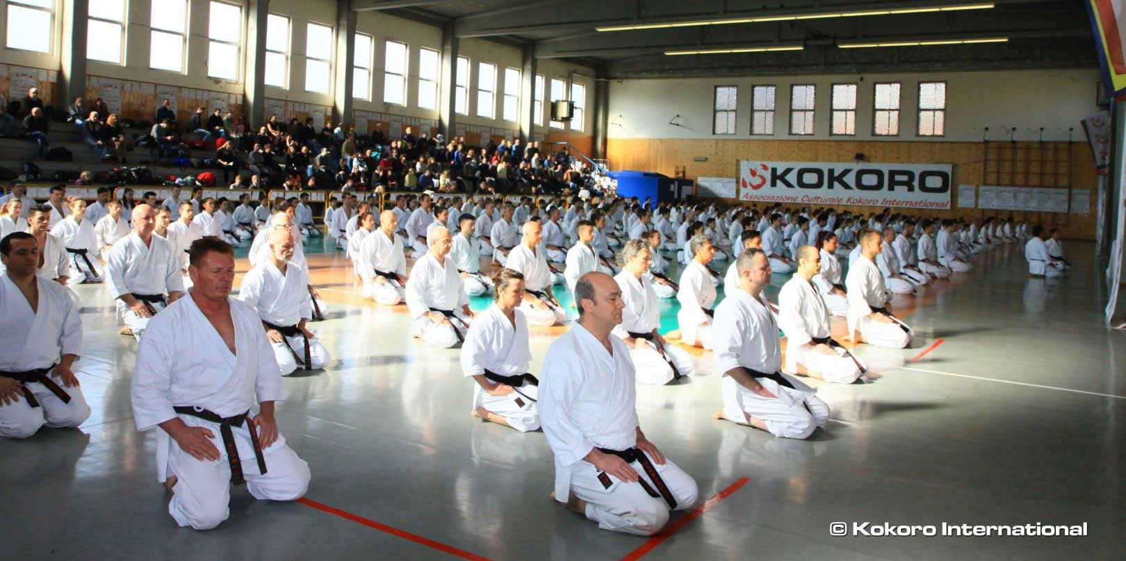 Gruppe Karateka meditiert in der Mokuso-Haltung. Diese Praxis, wertvoll auch in Kampfsportarten wie MMA und Thaiboxen, fördert mentale Stärke, Konzentration und Selbstdisziplin.