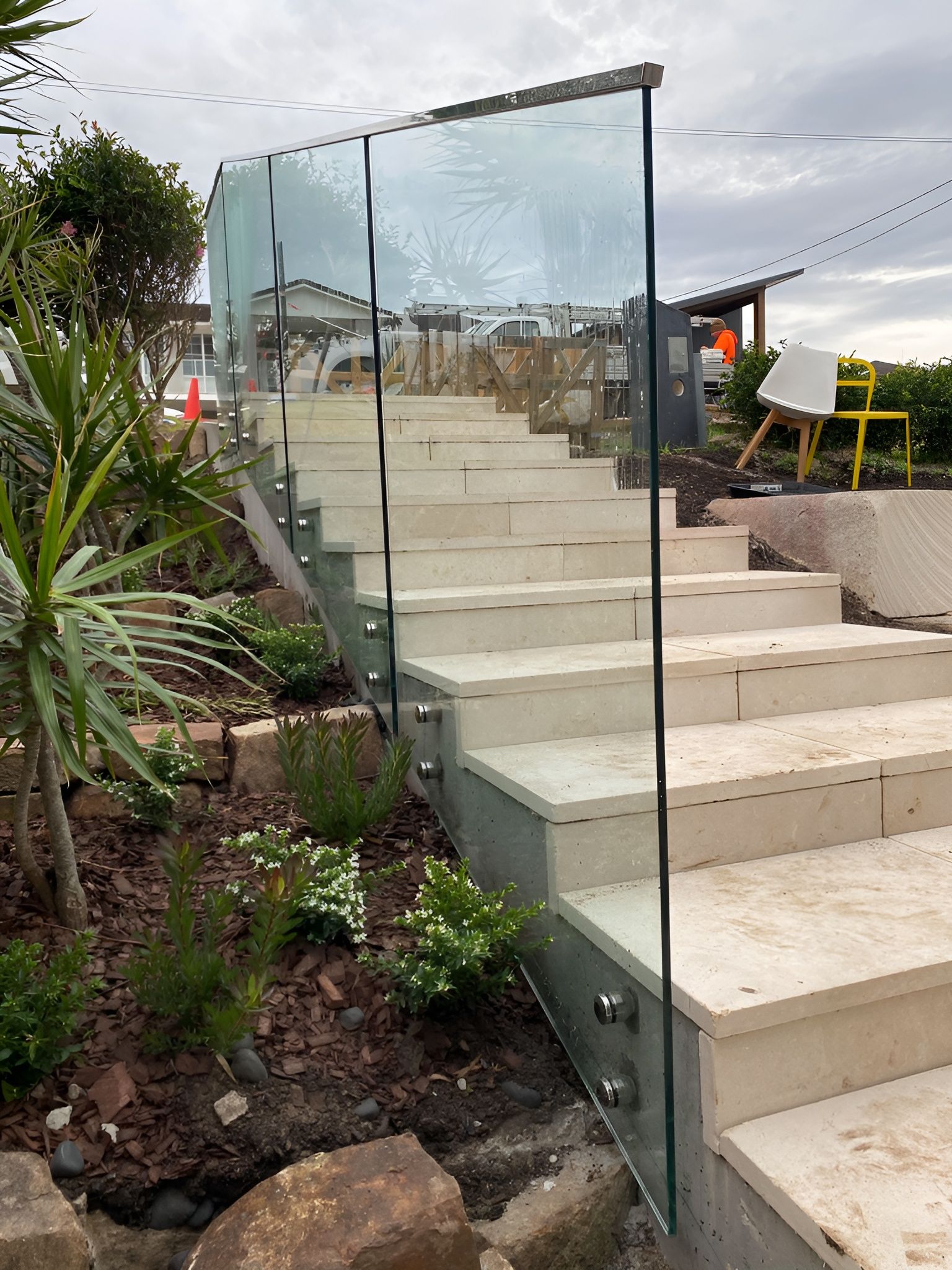 Concrete Stairs with Glass Railing, Surrounded by Landscaping — Master Glass & Glazing in Warners Bay, NSW