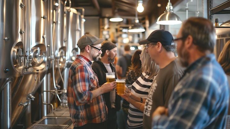 A group of people are standing in a brewery drinking beer.