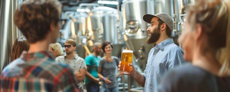 A man is holding a glass of beer in a brewery.