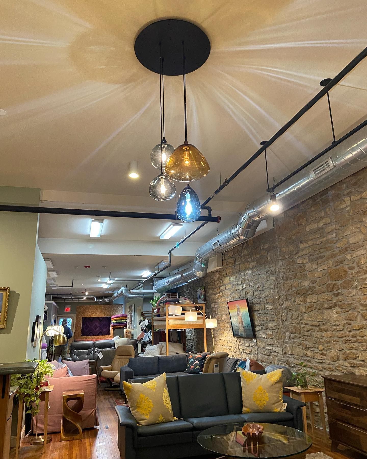 Modern lighting hanging at Eagles' Rest Natural Mattresses and Furniture inLawrence, Kansas.