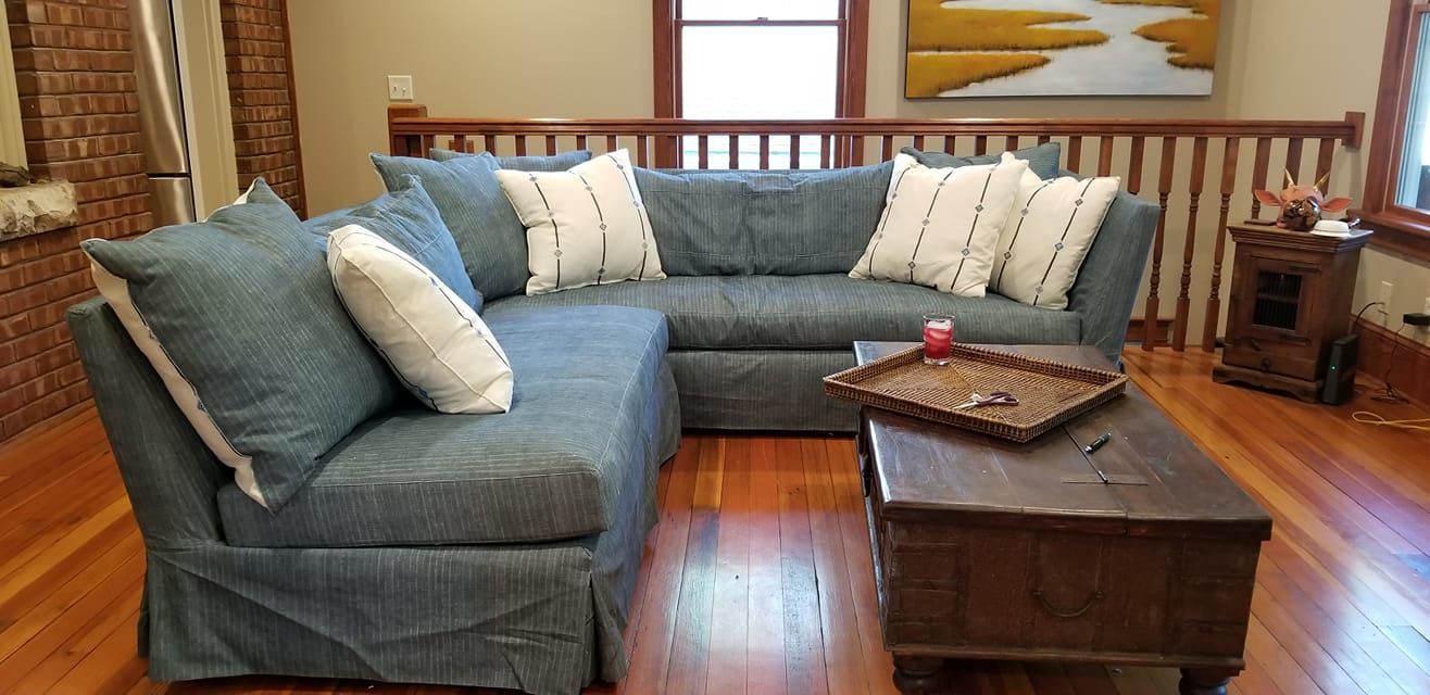 Blue modern sectional purchased from Eagles' Rest Natural Mattresses and Furniture inLawrence, Kansas.