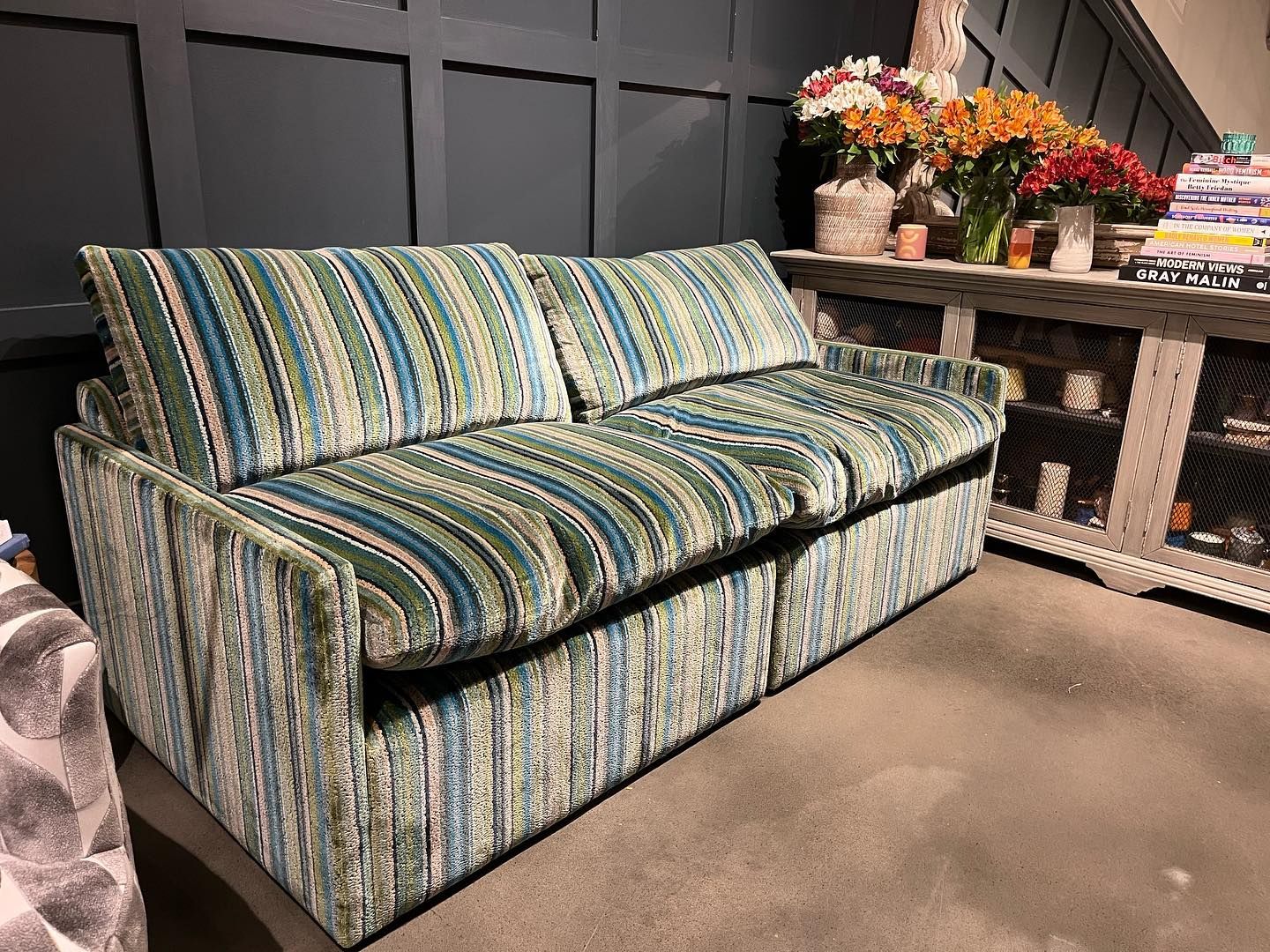 Modern, striped, retro couch from Eagles' Rest Natural Mattresses and Furniture inLawrence, Kansas.