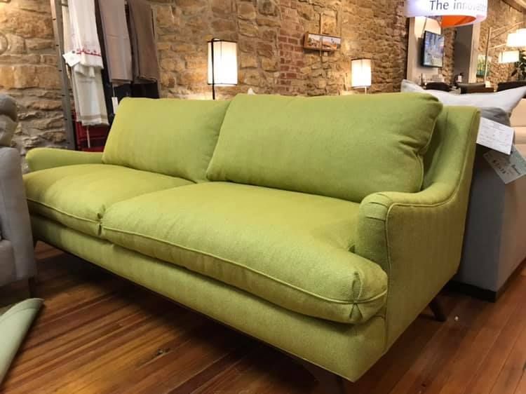 Lime green fluffy modern sofa for sale at Eagles' Rest Natural Mattresses and Furniture inLawrence, Kansas.
