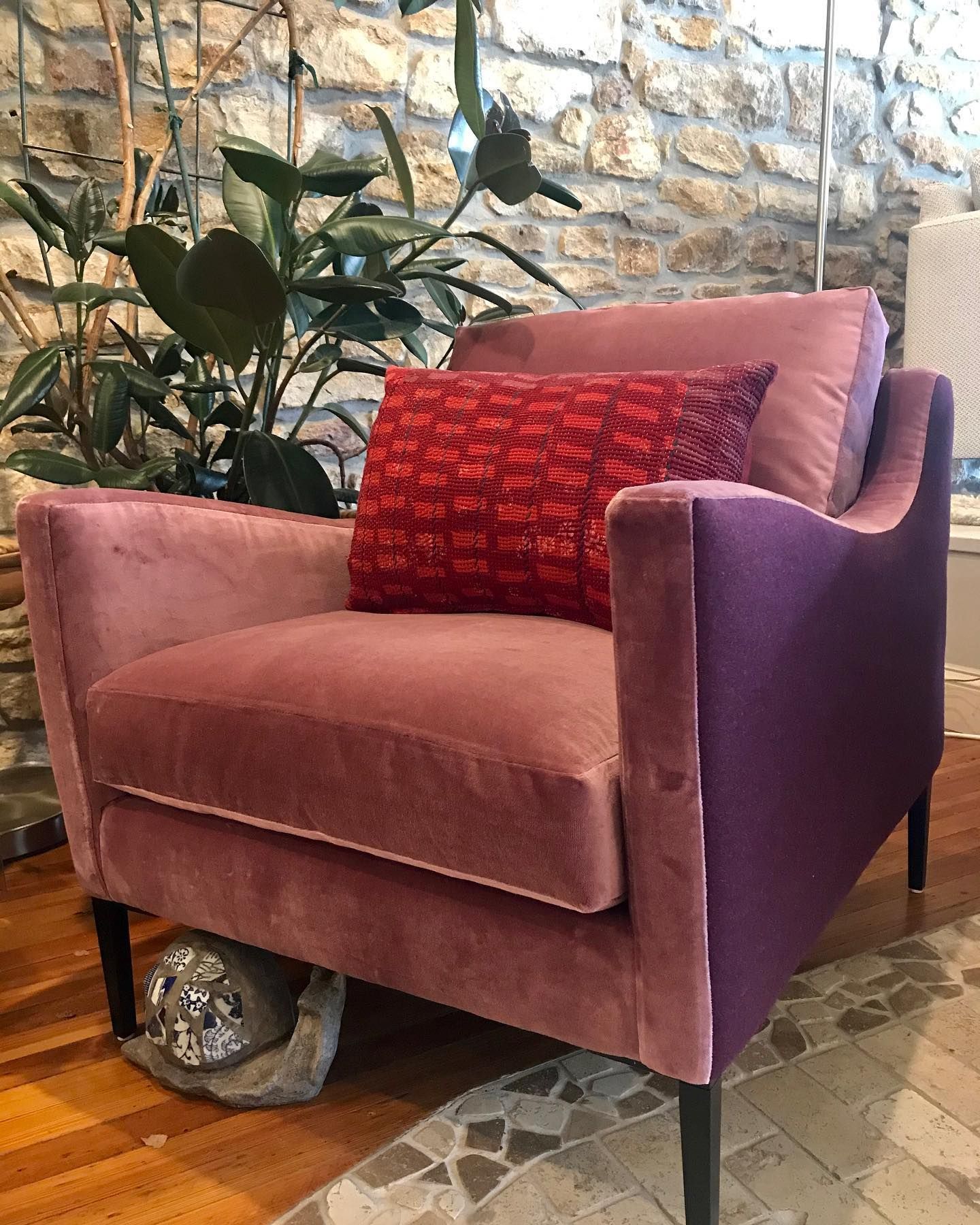 Beautiful pink velvet chair for sale at Eagles Rest Natural Mattress and Furniture in Lawrence, Kansas.