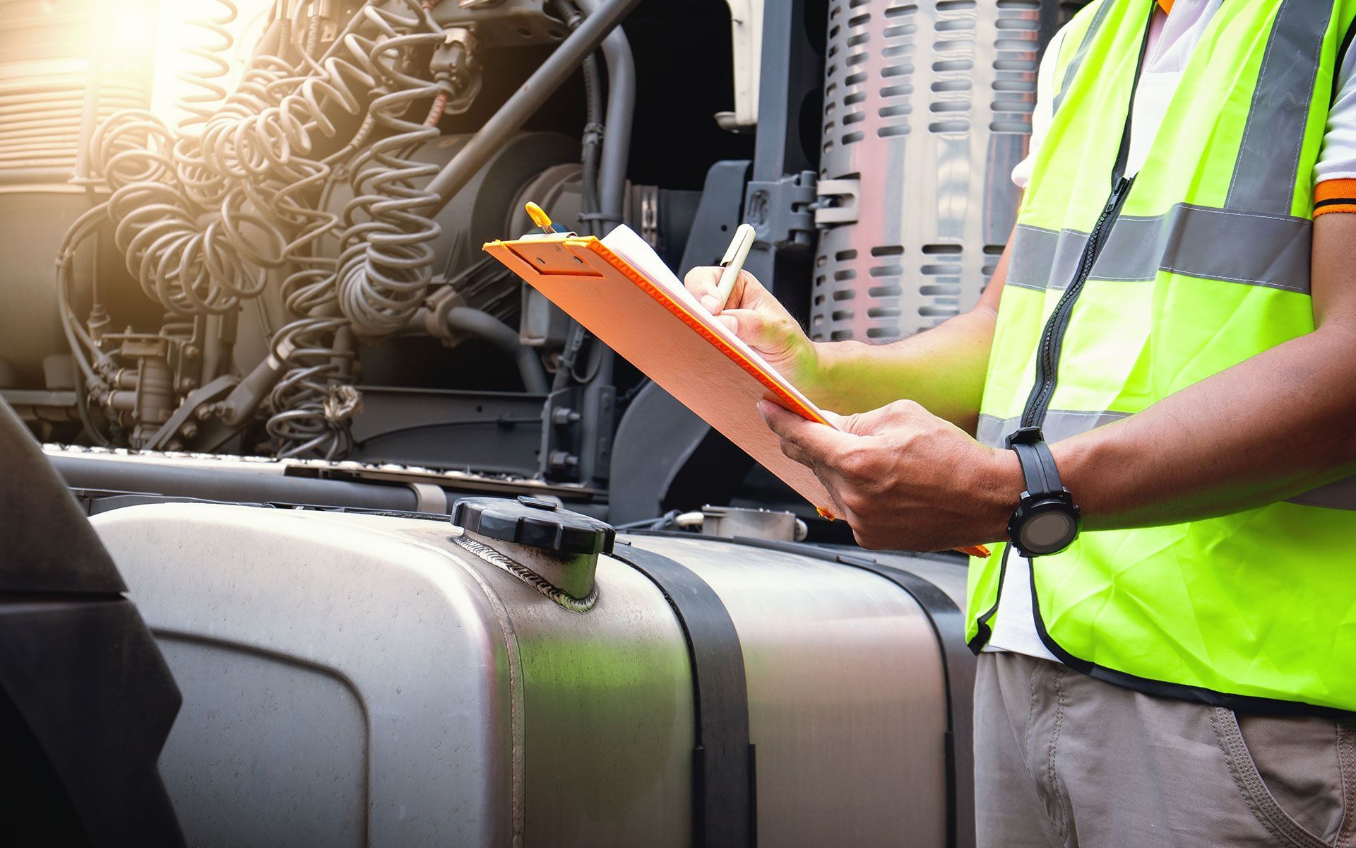 Person in reflective vest inspects truck engine, taking notes on a clipboard.