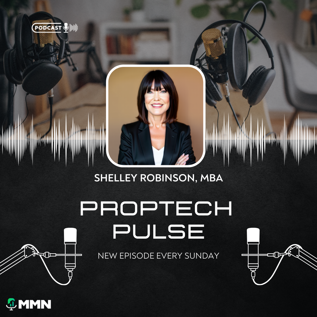 Podcast cover: Shelley Robinson, MBA, for Proptech Pulse. Microphone and wave graphic, “New episode every Sunday.”