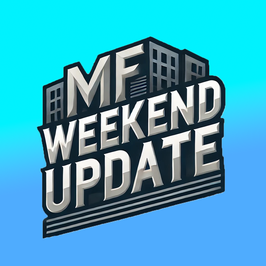 Logo with "MF WEEKEND UPDATE" text, skyscraper silhouette, and blue gradient background.