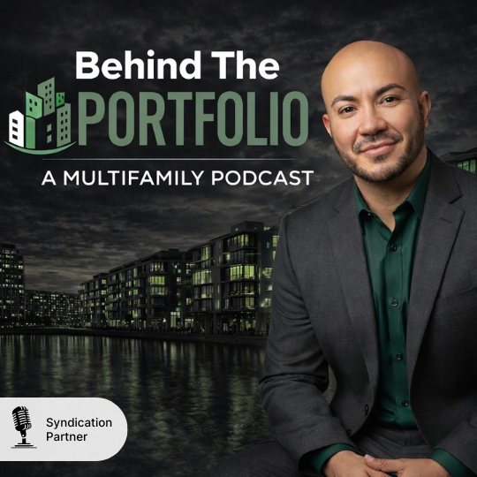 Breyden wearing suit jacket with picture of apartments and lake after dark and Behind The Portfolio logo
