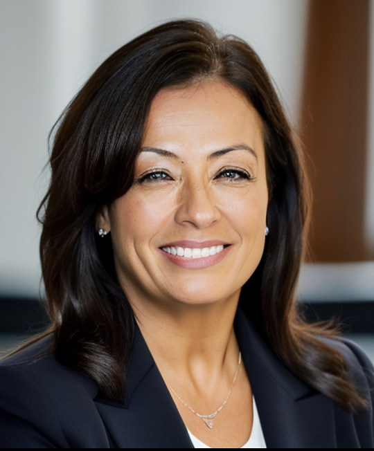 Woman in a dark blazer smiling, with dark hair and a necklace. Background blurred.