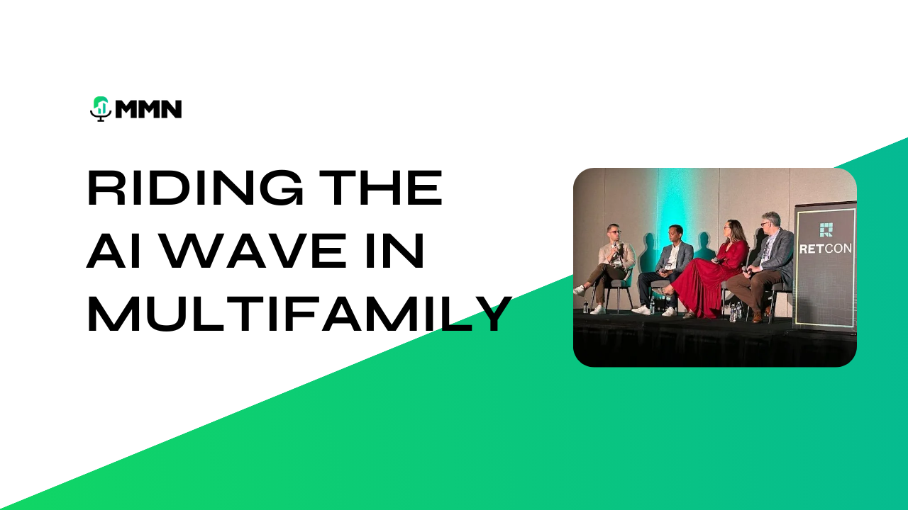 Panel discussion at RETCON event. Four people seated on stage, speaking. Stage is well-lit with logo on the right.