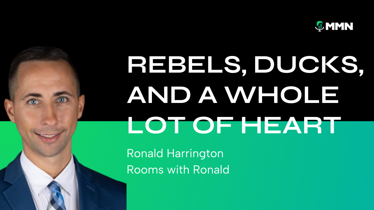 Ronald Harrington, wearing a suit, beside text: 