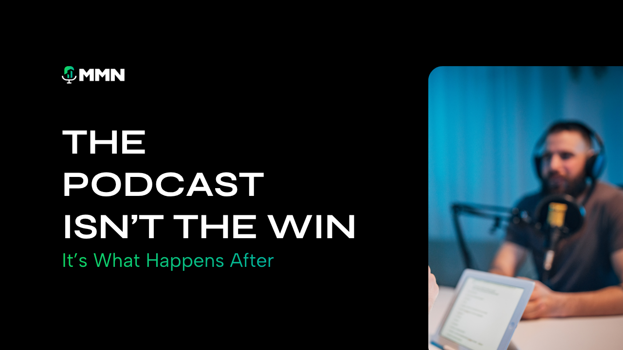 Podcast promo graphic with host speaking into a microphone beside bold text on a black background