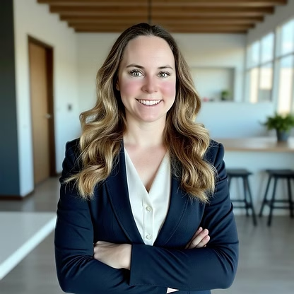Woman in blazer, arms crossed, smiling in a modern interior.