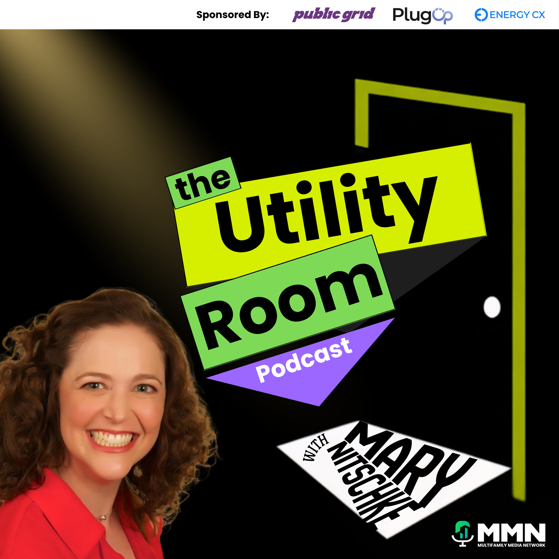 Podcast cover: Mary Nitschke smiling with Utility Room logo, door graphic, and MMN logo