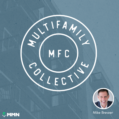 Logo for Multifamily Collective podcast; white text on blue background; headshot of Mike Brewer.
