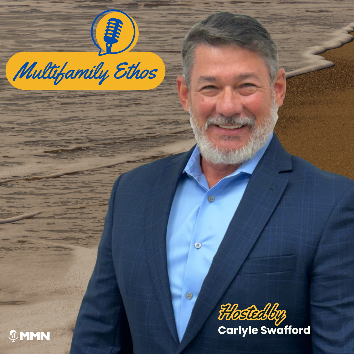 Man in a blue suit smiles in front of beach backdrop. Podcast logo reads 