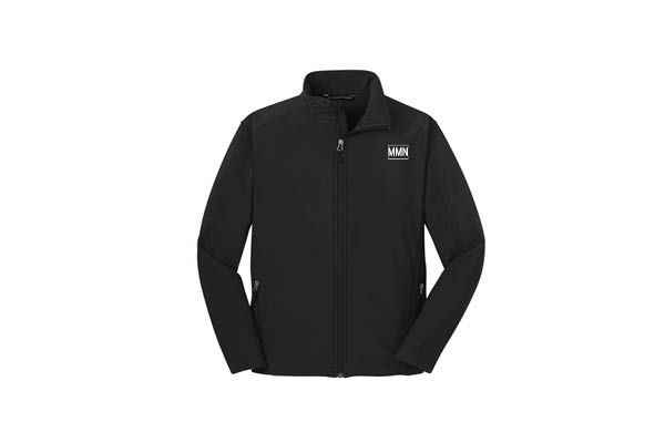 Black soft shell jacket with a small white logo on the chest.